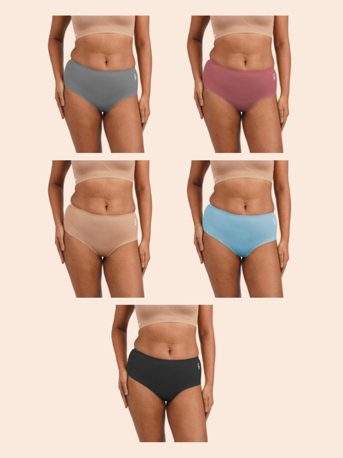 Assorted pack of 5 Seamless Underwear - Black, Beige, Rose Gold, Grey and Blue