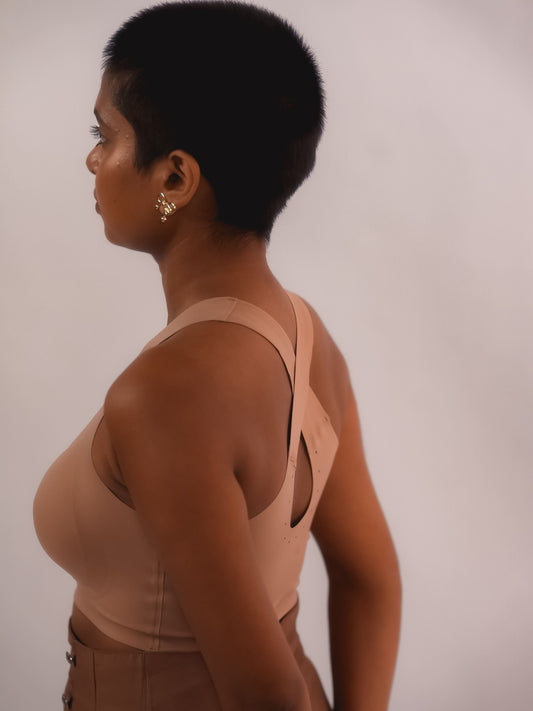 Tilt Fursat Bra in beige – supportive racerback bra for women, perfect for daily wear and yoga.