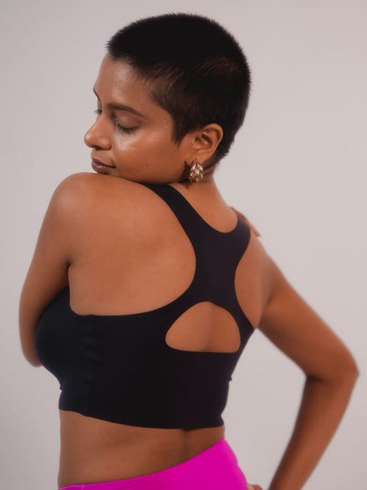Black comfort bra for women – Tilt Fursat Racerback Bra, seamless and supportive.