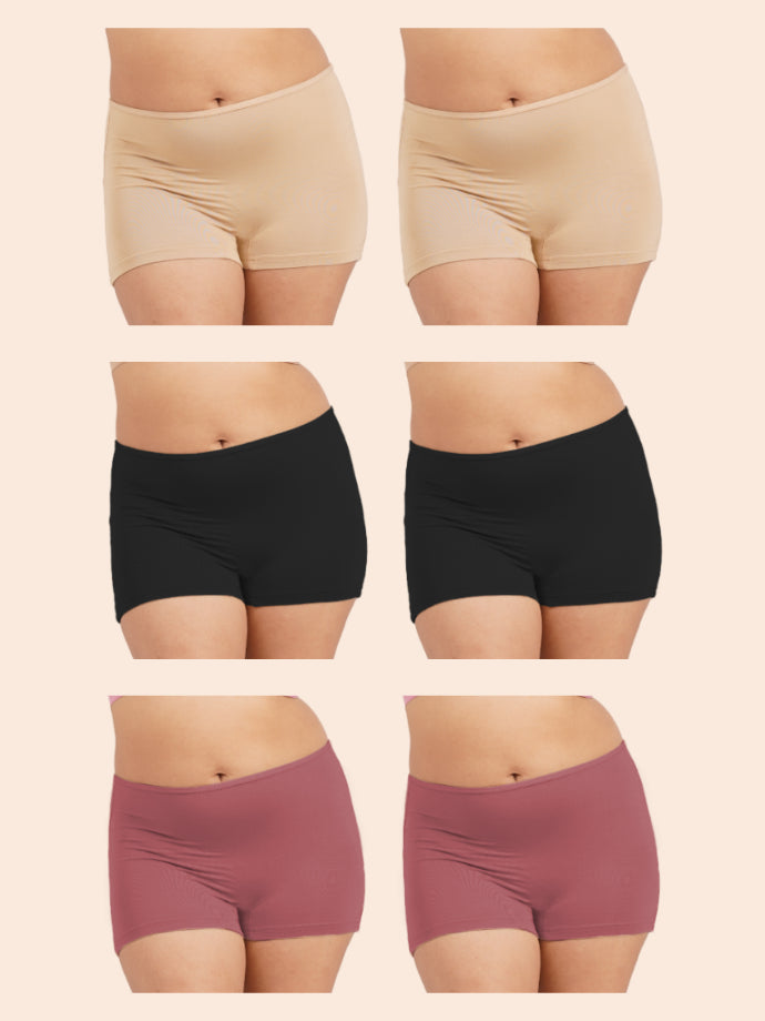 Assorted Pack of 6 - Moisture-Wicking Modal Boyshorts - Black, Beige and Red