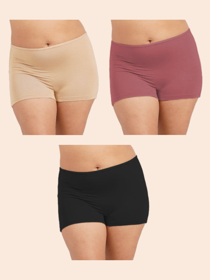 Assorted Pack of 3 - Moisture-Wicking Modal Boyshorts - Black, Beige and Red