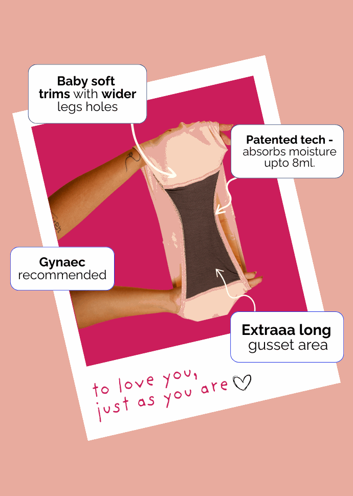 being underwear with text highlighting features on a pink background