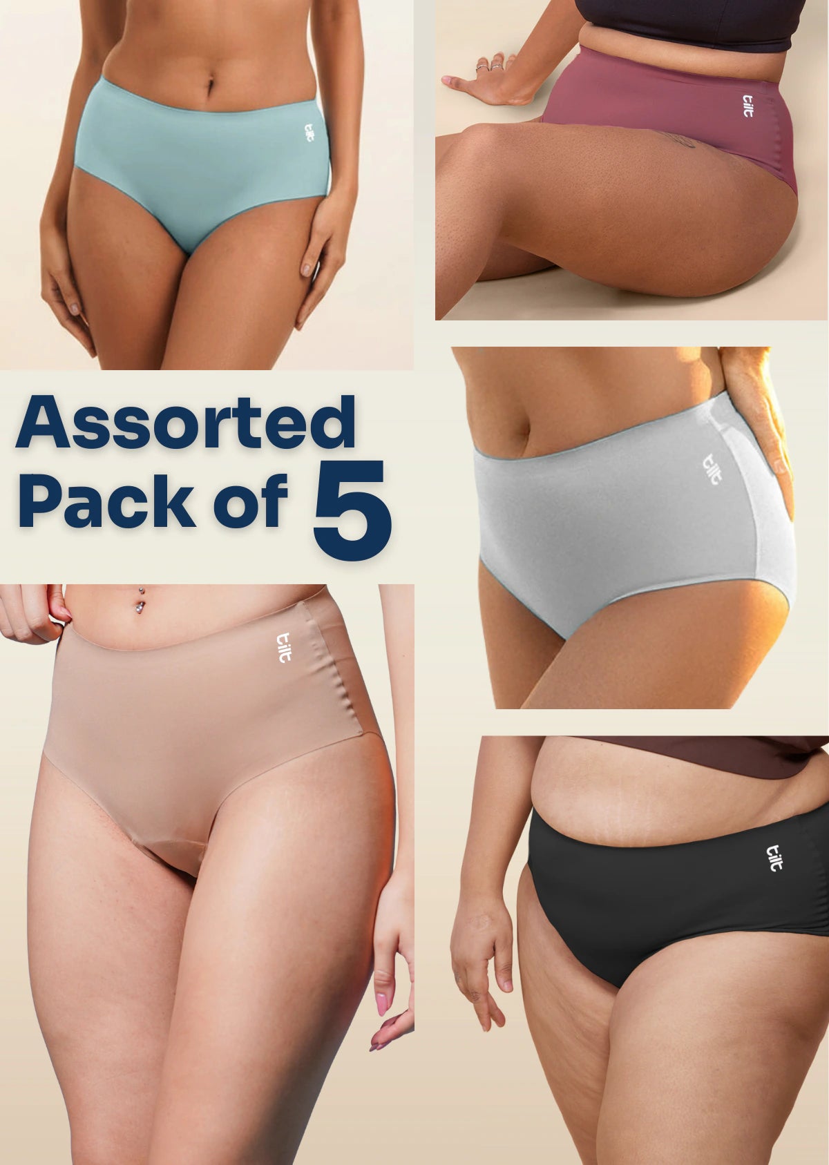 Multi-panel collage showing five different colors of mid-waist briefs blue, pink, grey, beige, and black with an "Assorted Pack of 5" text overlay.