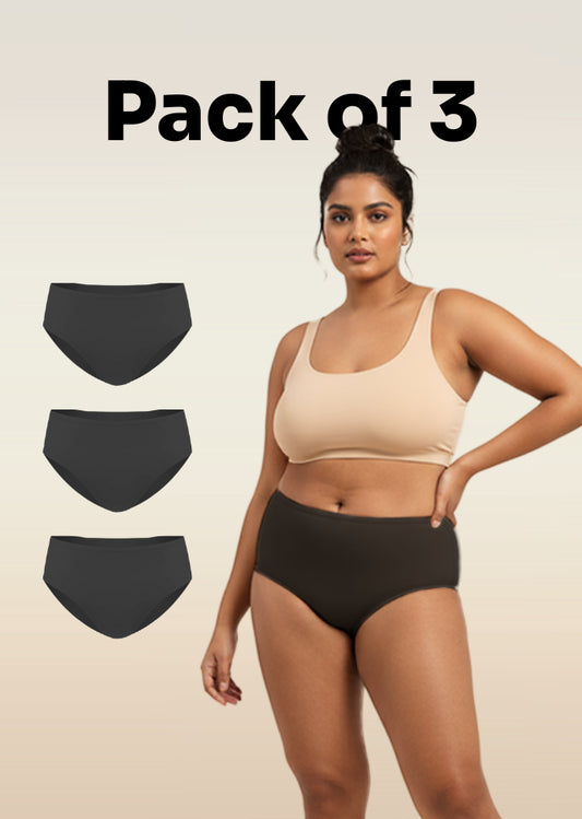 3 Pack - Black Mid-waist Absorbent Underwear