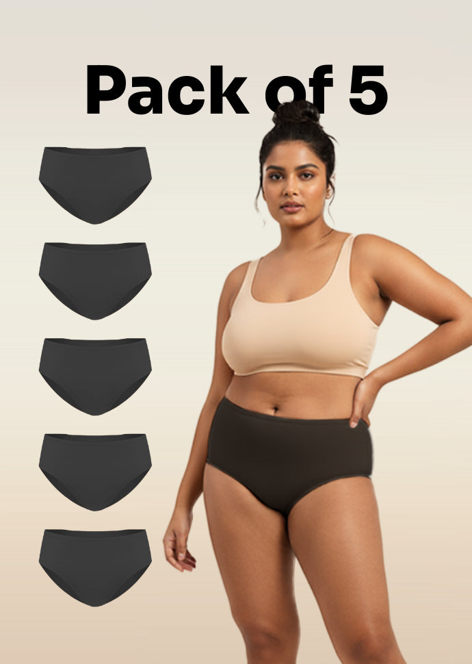 5 Pack - Black Mid-waist Absorbent Underwear