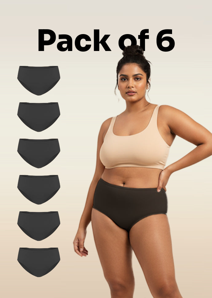6 Pack - Black Mid-waist Absorbent Underwear