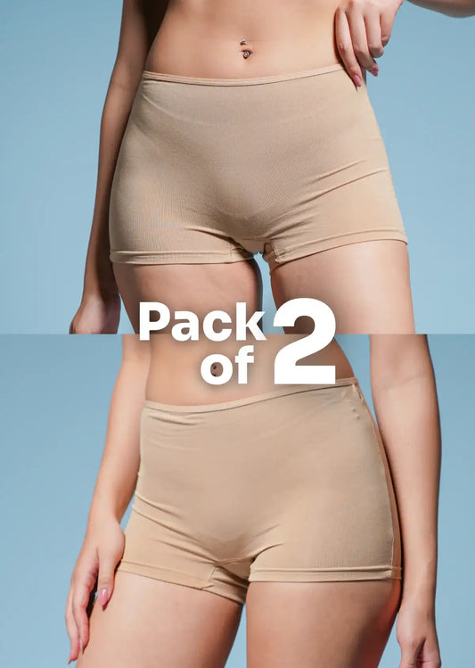 A two-panel collage of a beige boyshorts with a "Pack of 2" text overlay.