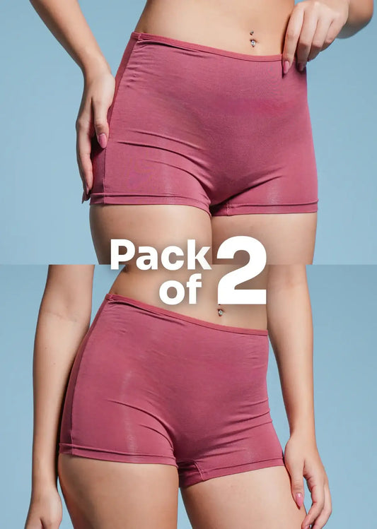 A two-panel collage of a red boyshorts with a "Pack of 2" text overlay.