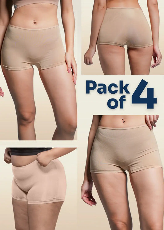 four-panel collage of beige boyshorts with a Pack of 4 text overlay on a beige background
