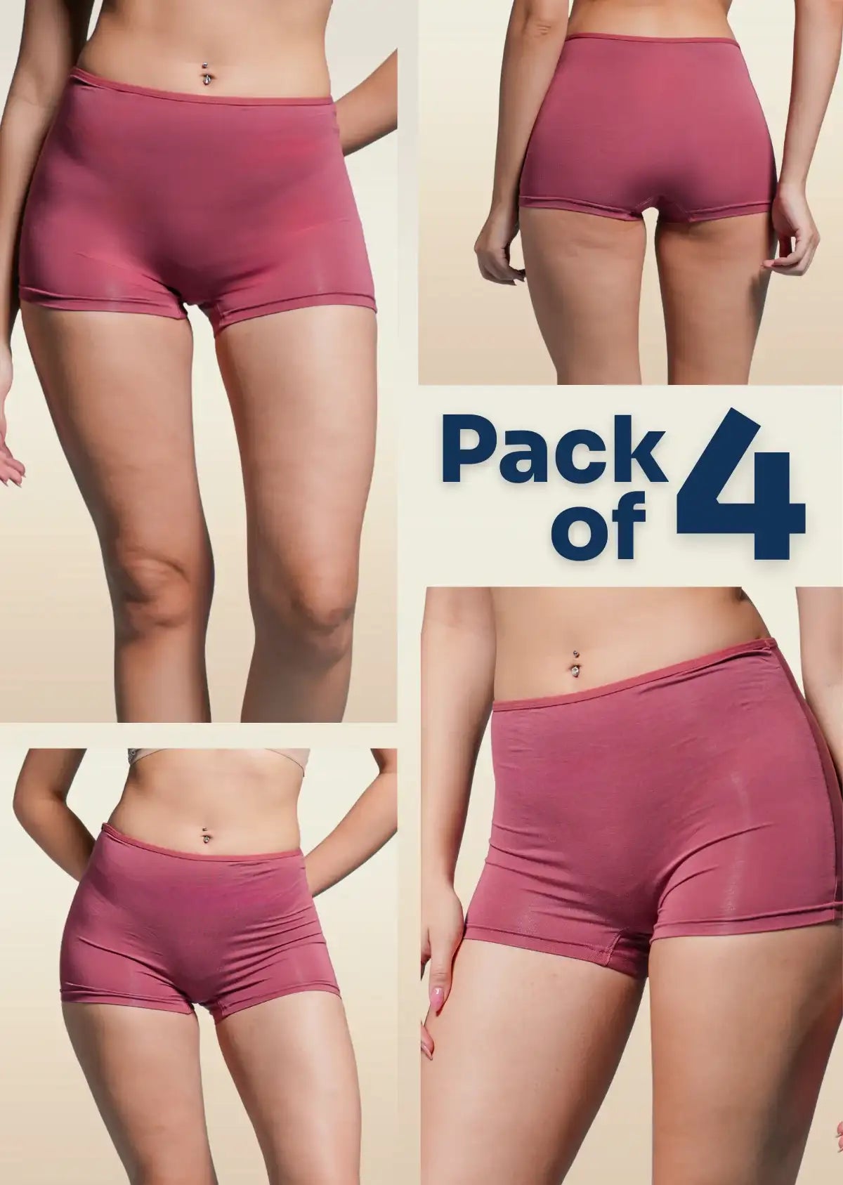 four-panel collage of red boyshorts with a Pack of 4 text overlay on a beige background