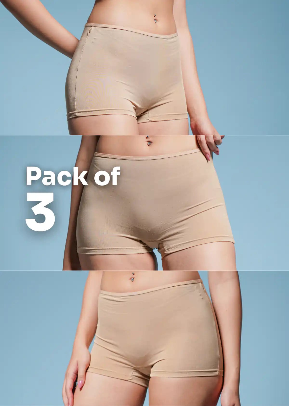 Pack of three beige boyshorts on a blue background with text 'Pack of 3'.