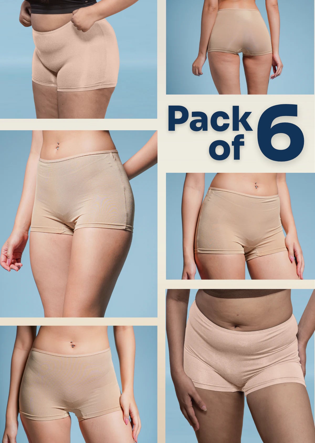 6 Pack - Beige Absorbent Boyshorts