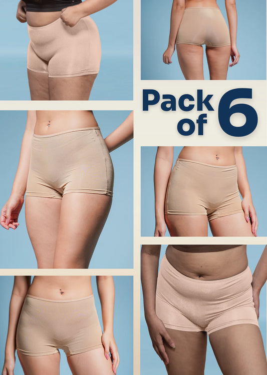6 Pack - Beige Absorbent Boyshorts