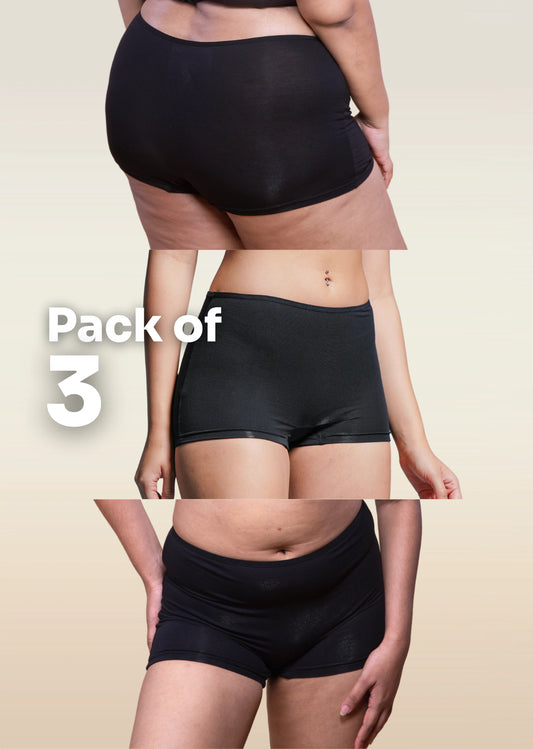3 Pack - Black Absorbent Boyshorts