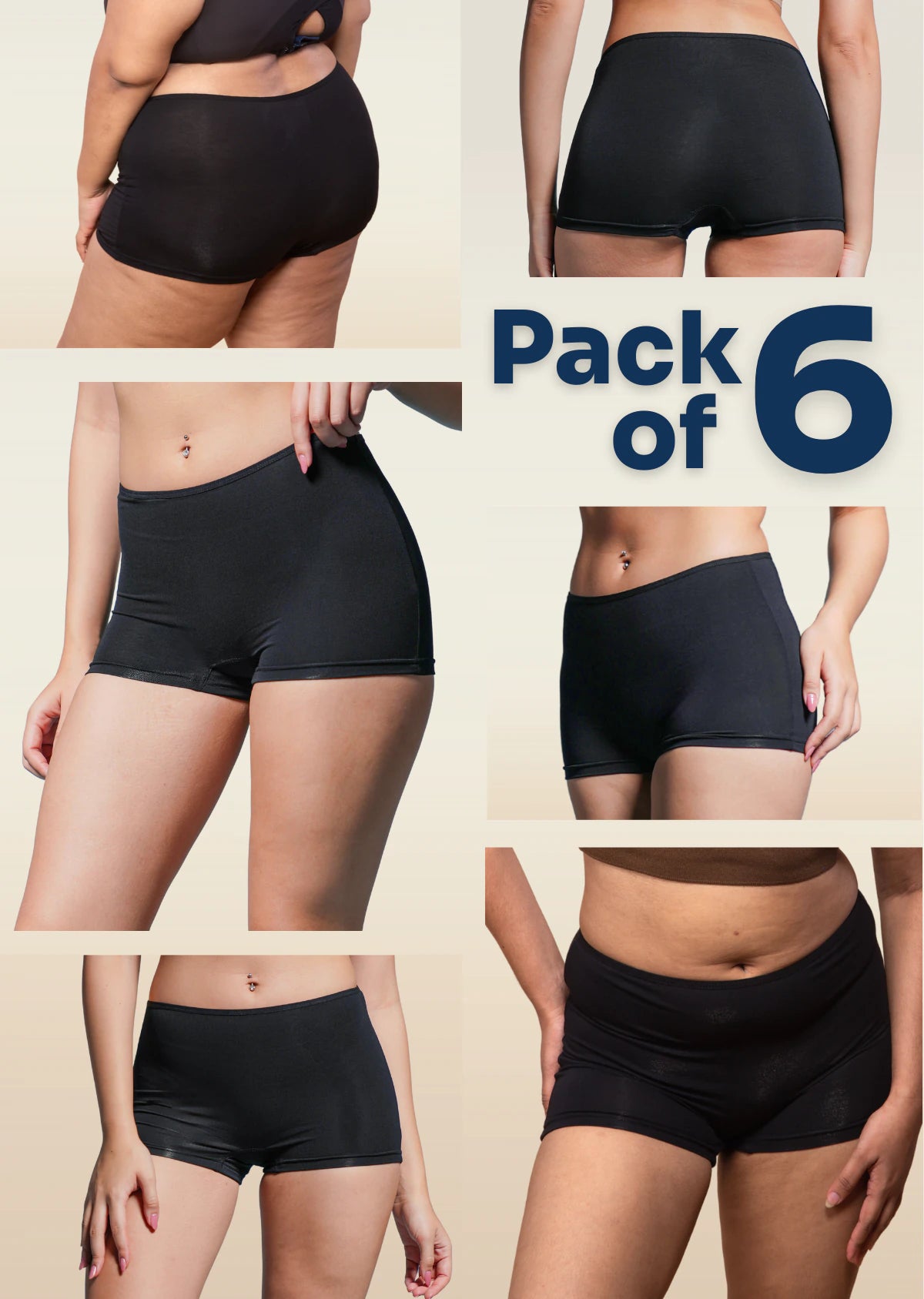 6 Pack - Black Absorbent Boyshorts