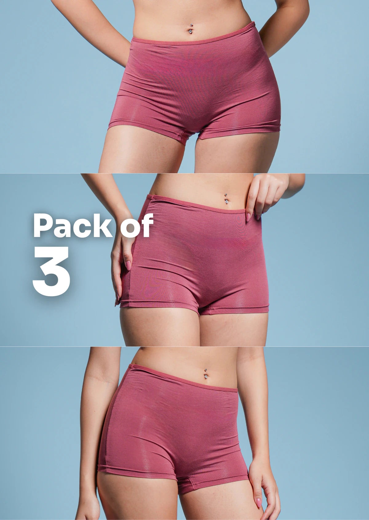 Vertical three-panel collage showing red boyshorts on a blue background with "Pack of 3" text overlay