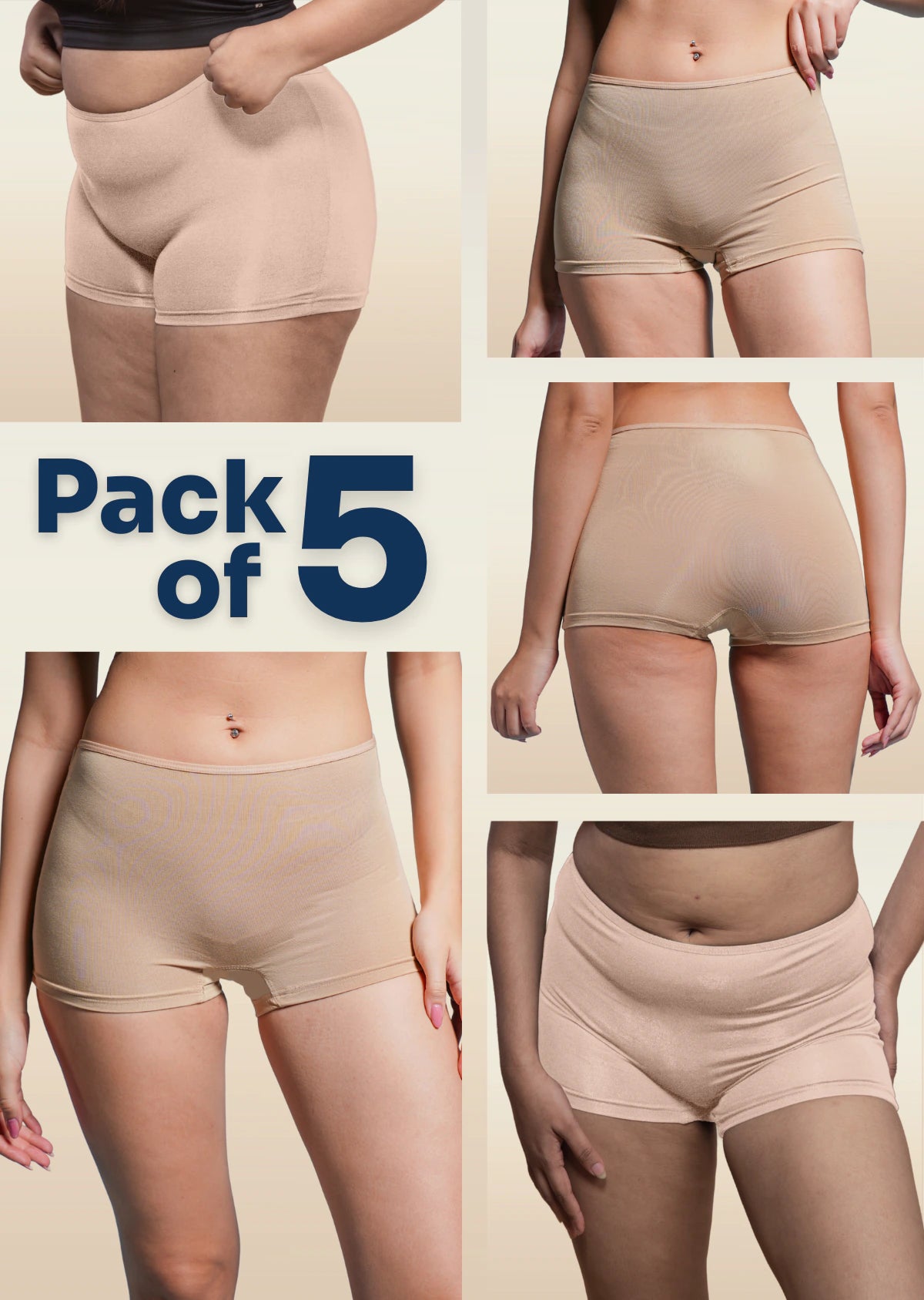 5 Pack - Beige Absorbent Boyshorts