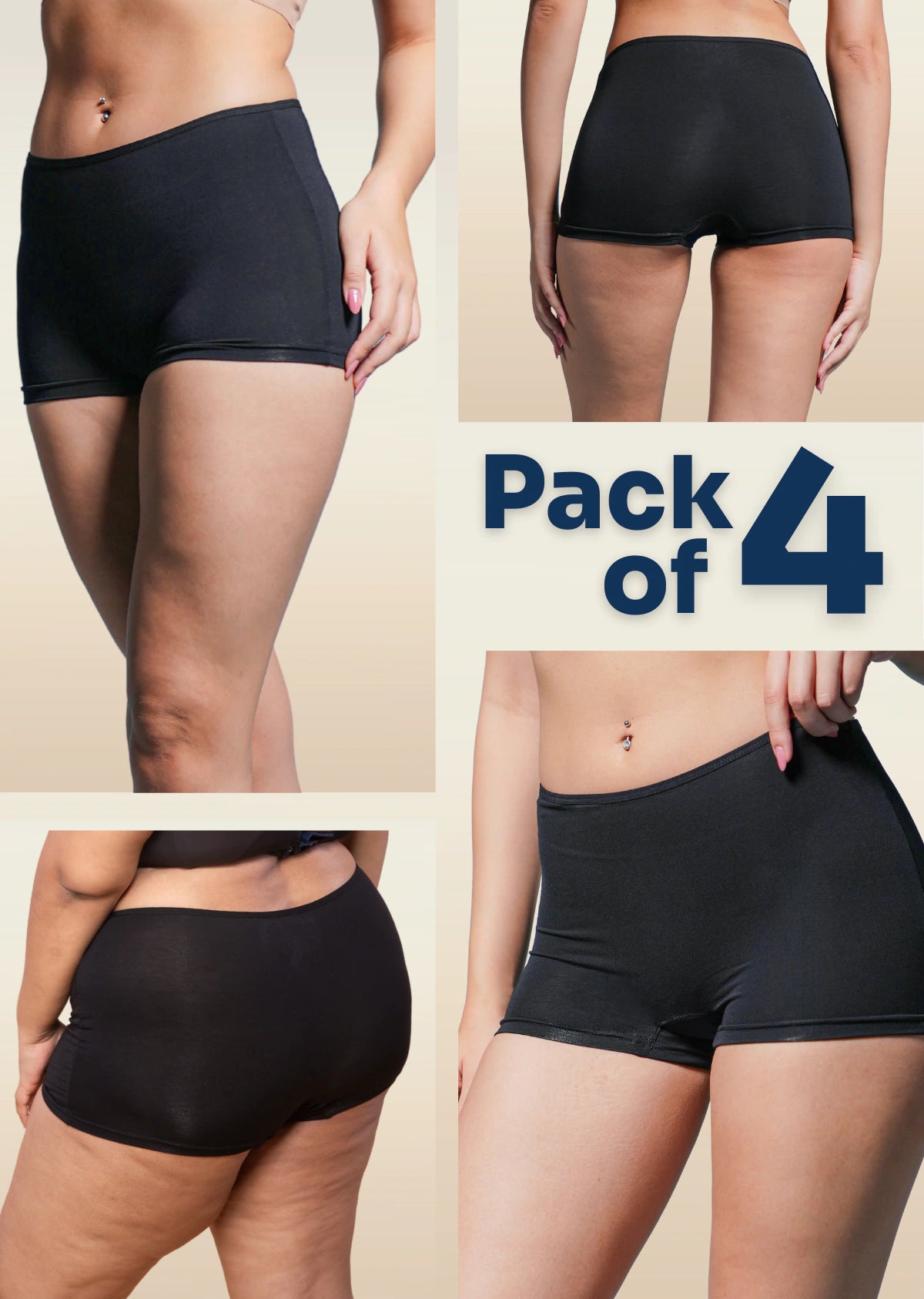 4 Pack - Black Absorbent Boyshorts
