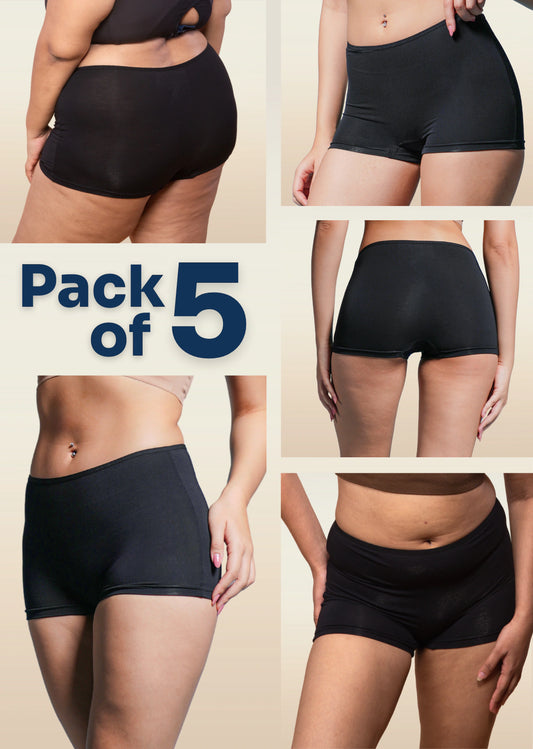 5 Pack - Black Absorbent Boyshorts
