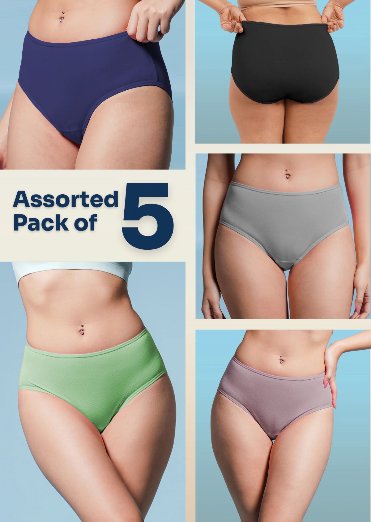 Assorted pack of 5 women's underwear in different colors on a light blue background.