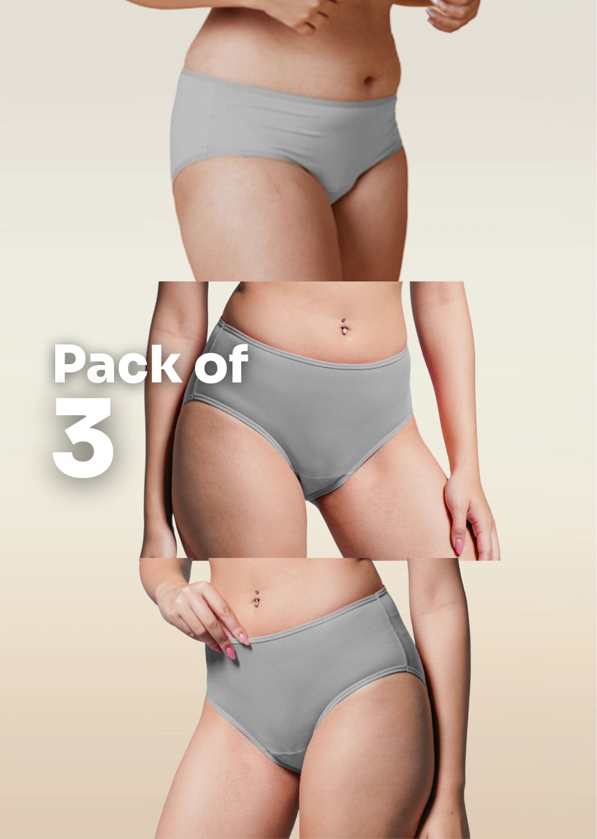Three gray underwear packages displayed on a beige background with 'Pack of 3' text.