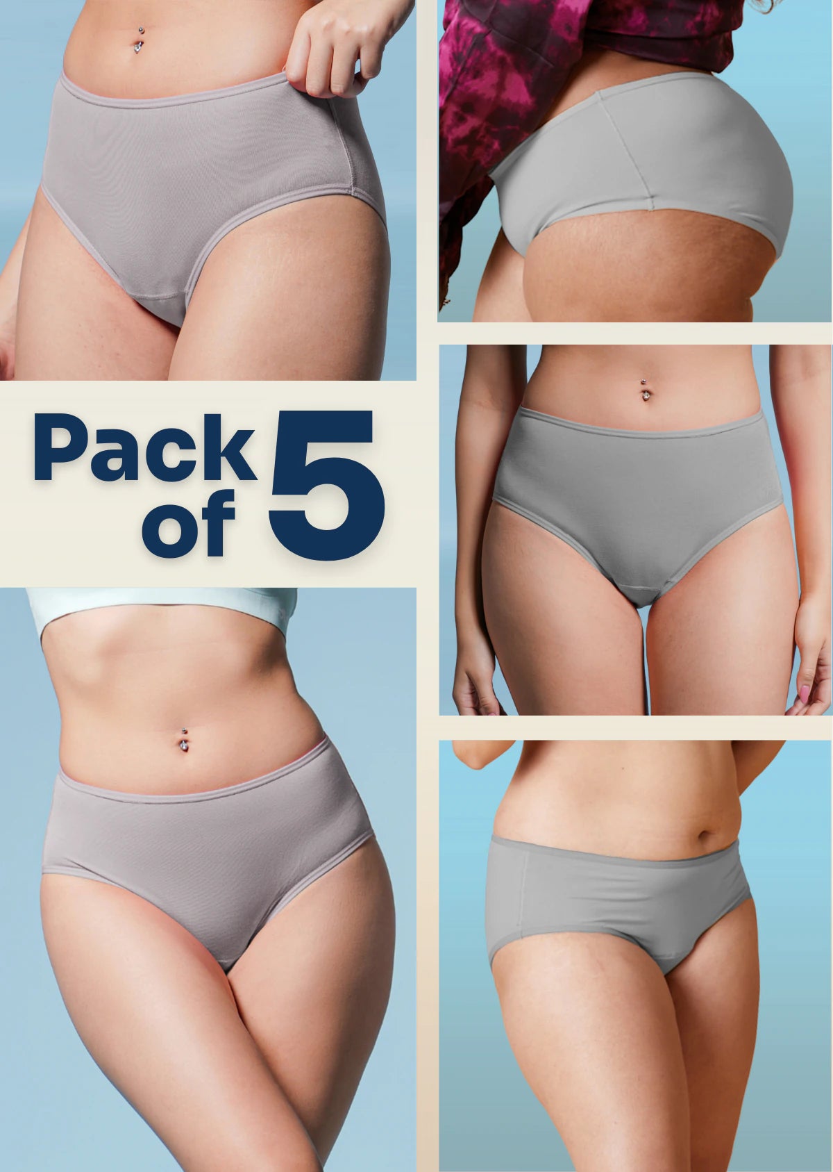 5 Pack - Grey High-waist Bamboo Underwear