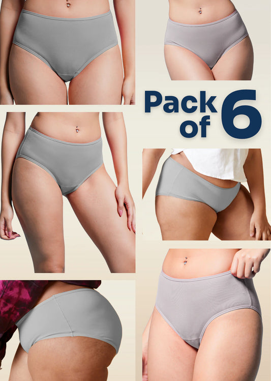 Collage of gray underwear with 'Pack of 6' text on a beige background