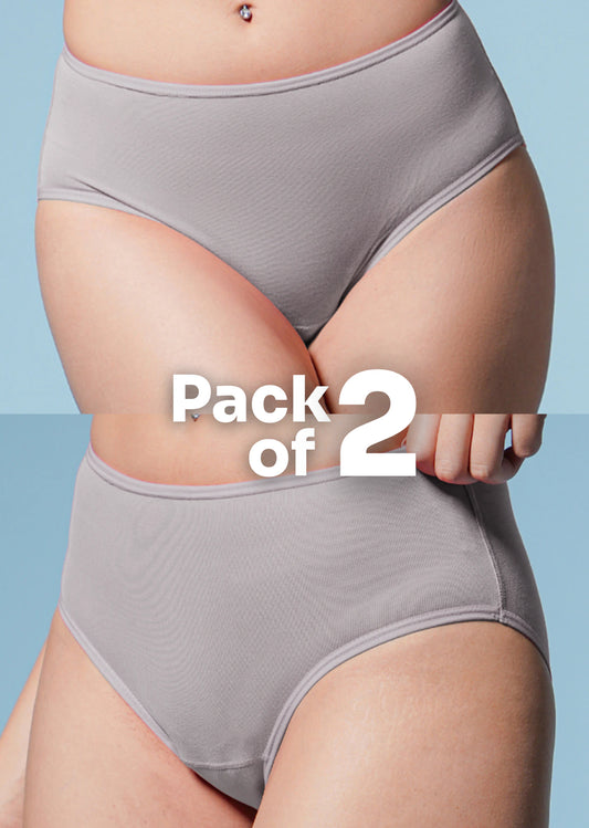 Two pairs of gray underwear with 'Pack of 2' text on a light blue background