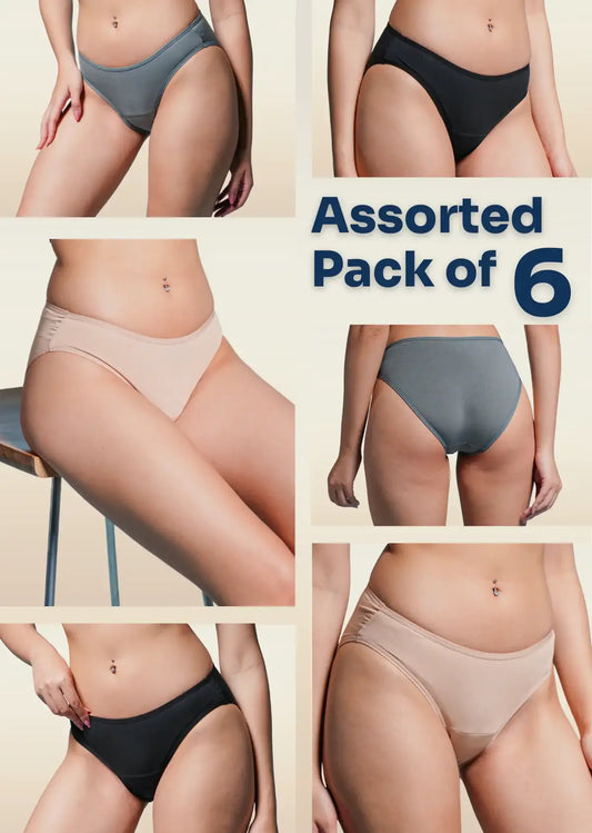 Assorted pack of 6 pairs of underwear in various colors.