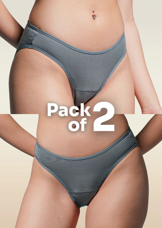 two-panel collage showing Grey Low-waist Underwear with a "Pack of 2" text overlay.
