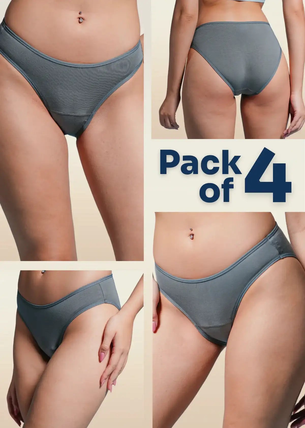 four-panel collage of grey underwear with a Pack of 4 text overlay on a beige background