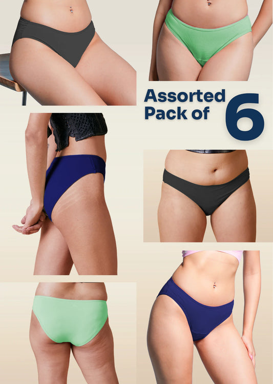 Assorted pack of 6 women's underwear in various colors on a beige background.