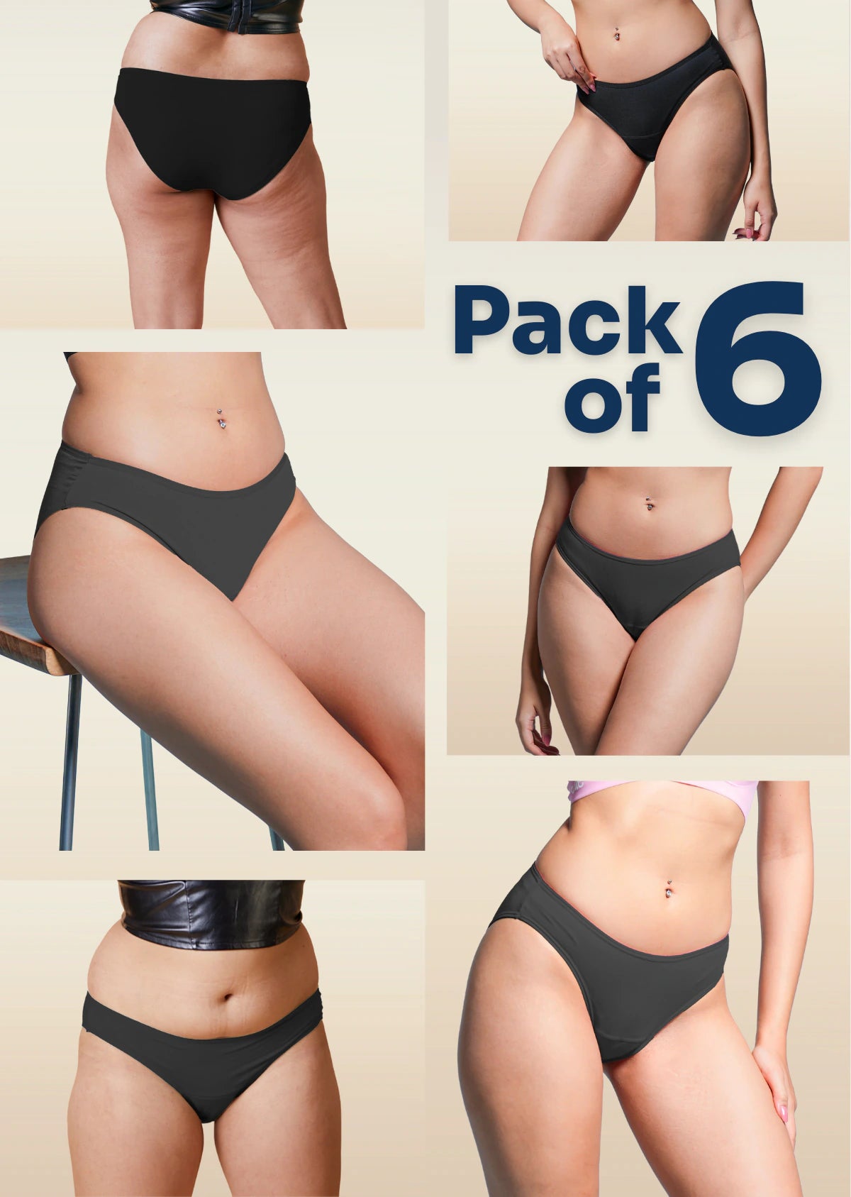 6 Pack - Black Low-waist Bamboo Underwear