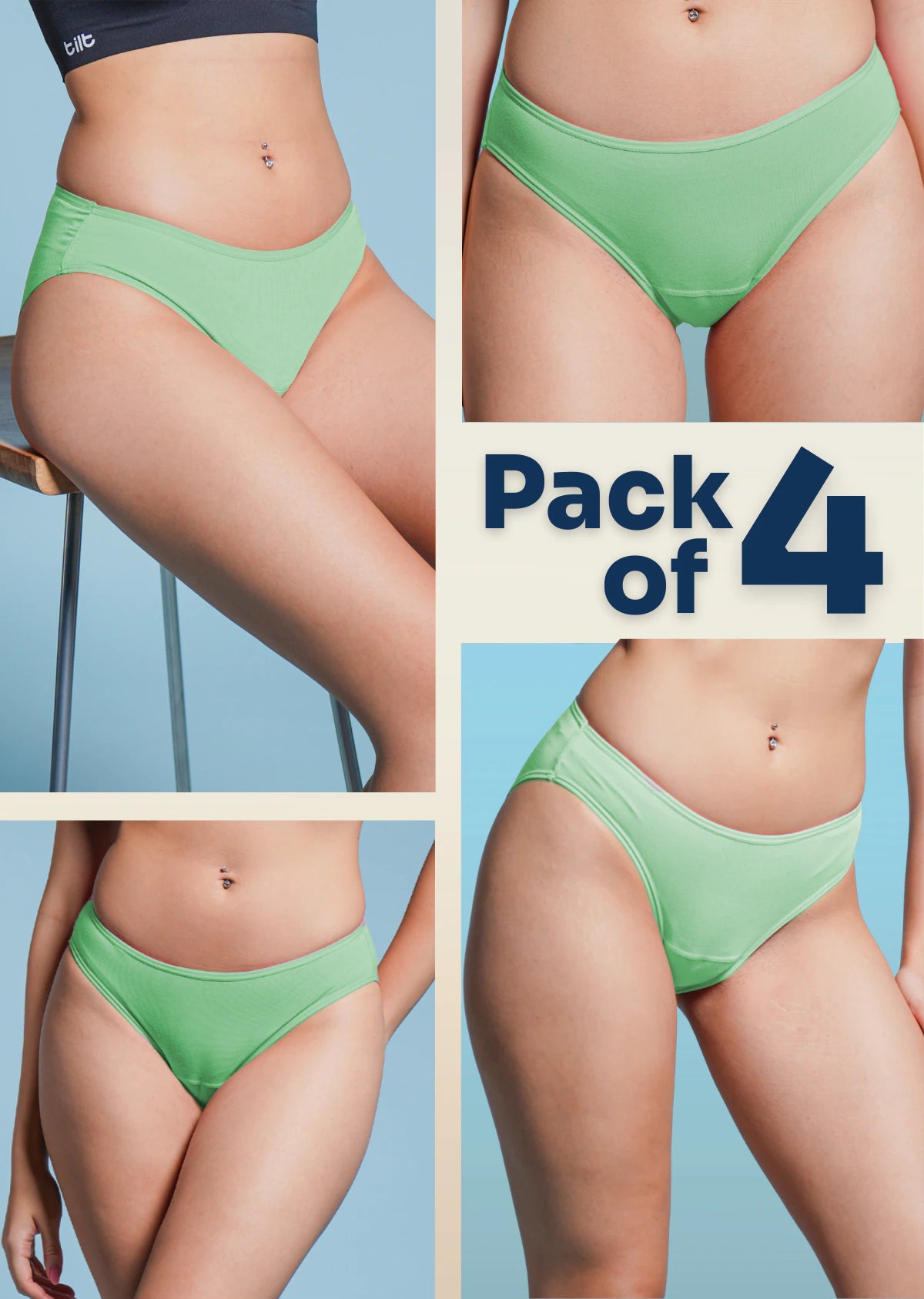 Green underwear pack of 4 advertisement with a person wearing the underwear against a light blue background.