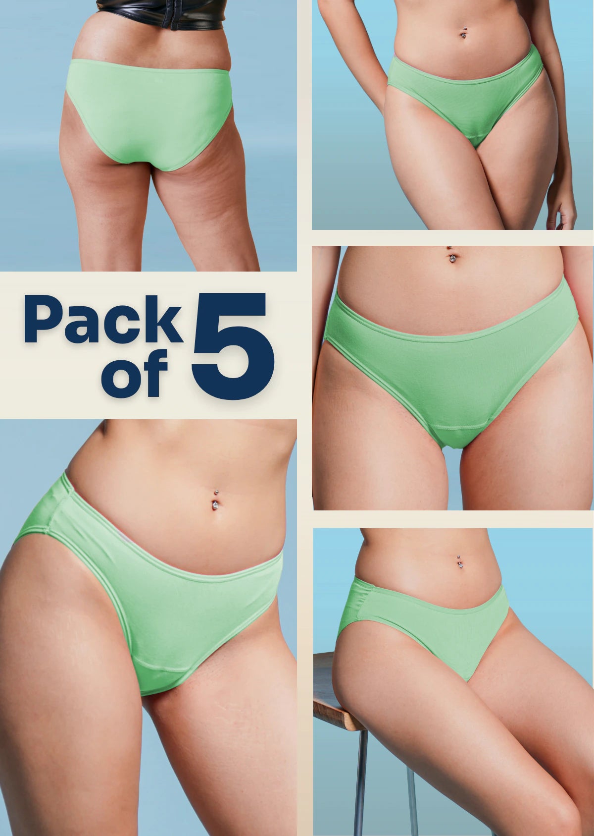 Green underwear pack of 5 advertisement with multiple angles on a blue background