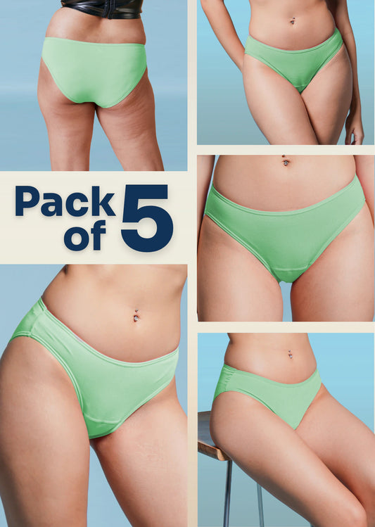 Green underwear pack of 5 advertisement with multiple angles on a blue background