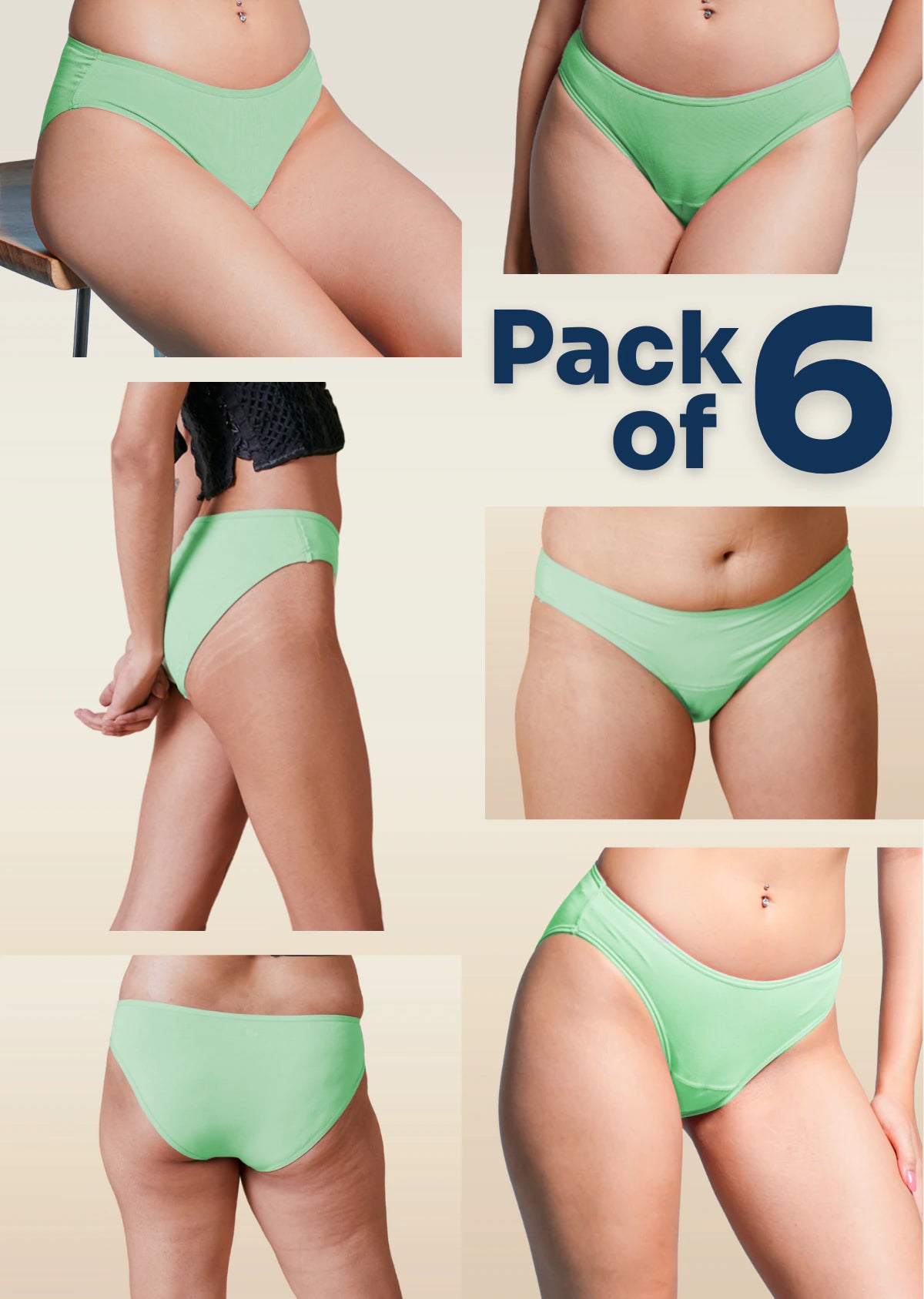 Green underwear pack of 6 advertisement with multiple views on a beige background