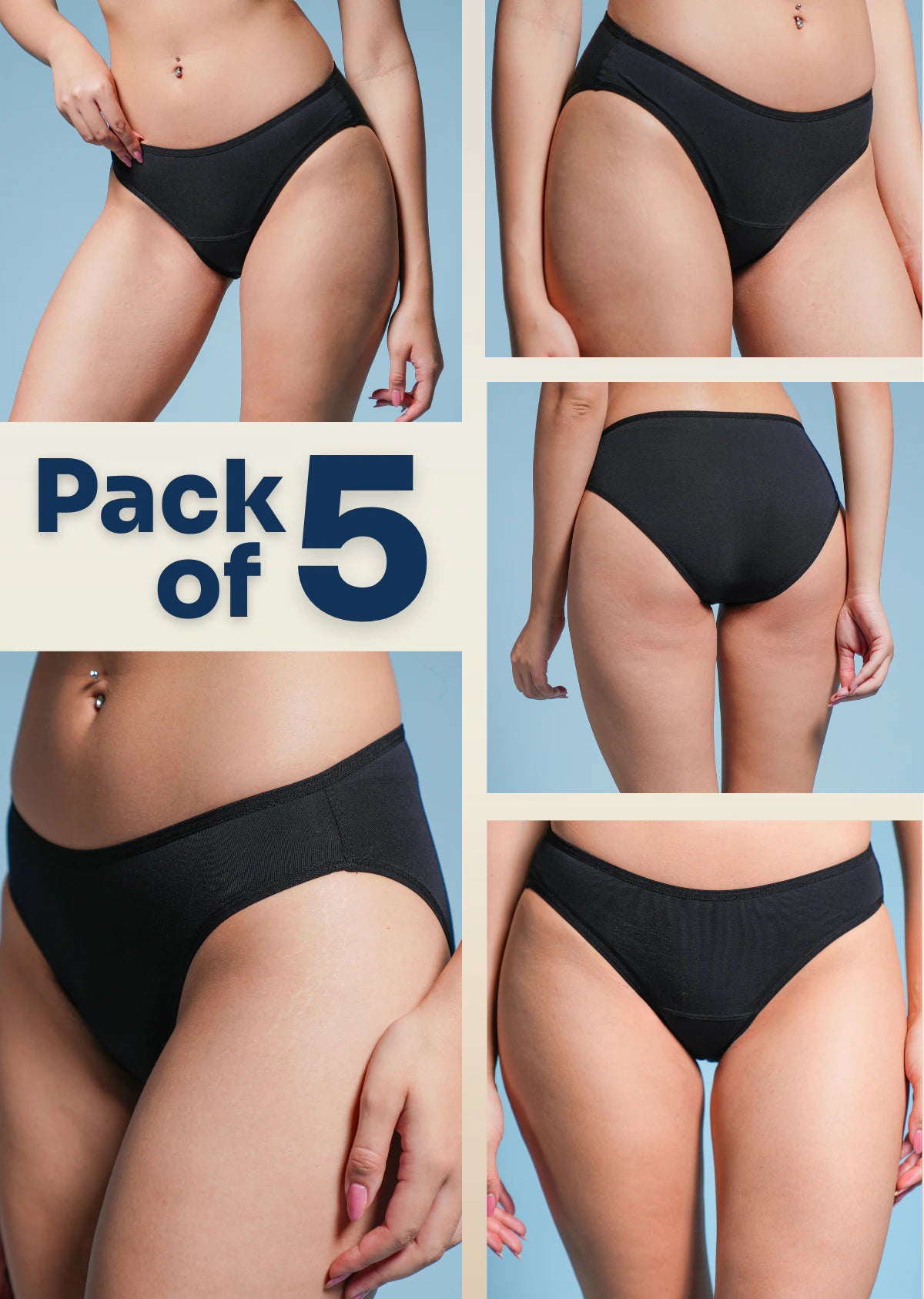 5 Pack - Black Low-waist Absorbent Underwear