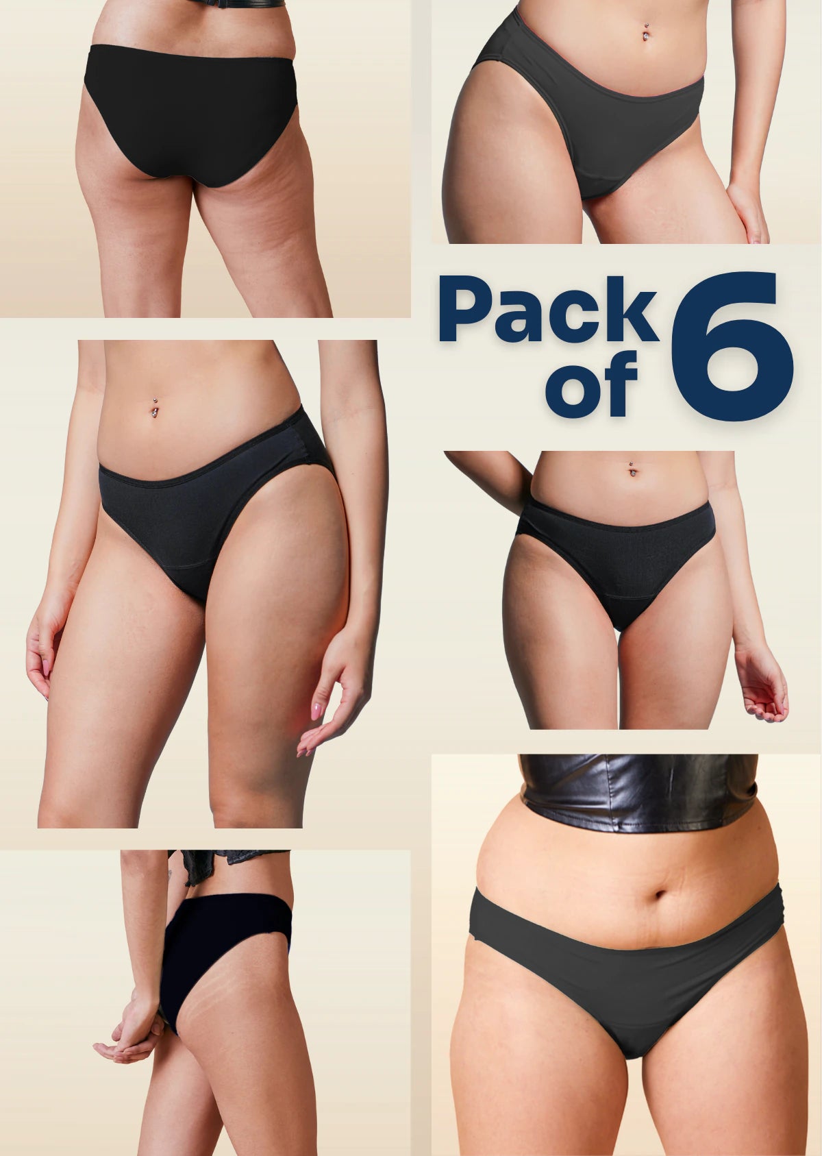6 Pack - Black Low-waist Absorbent Underwear