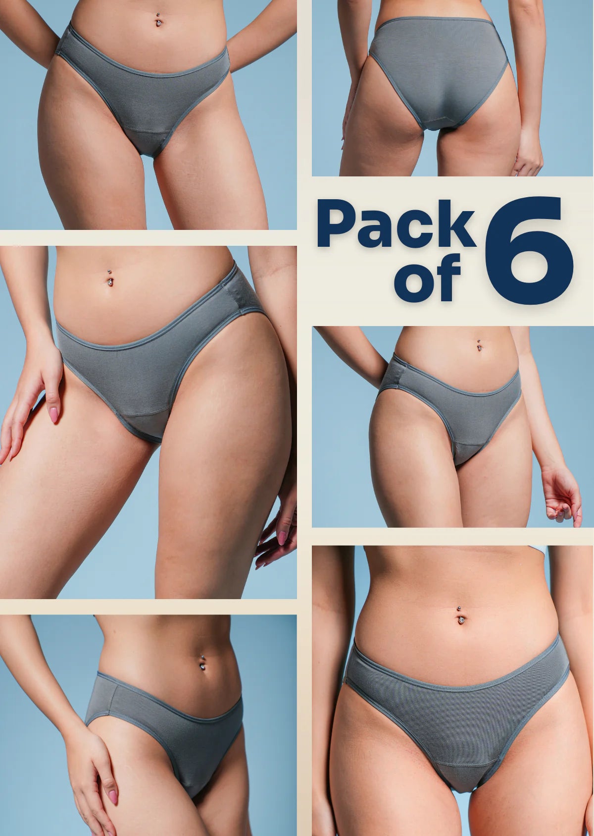 6 Pack - Grey Low-waist Absorbent Underwear