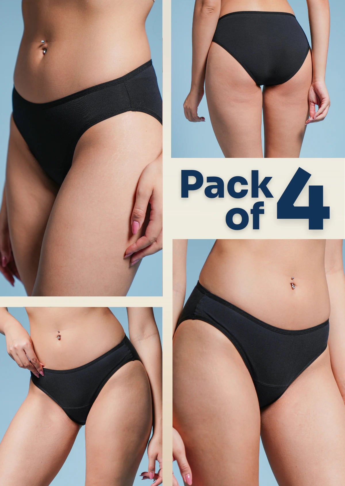 4 Pack - Black Low-waist Absorbent Underwear