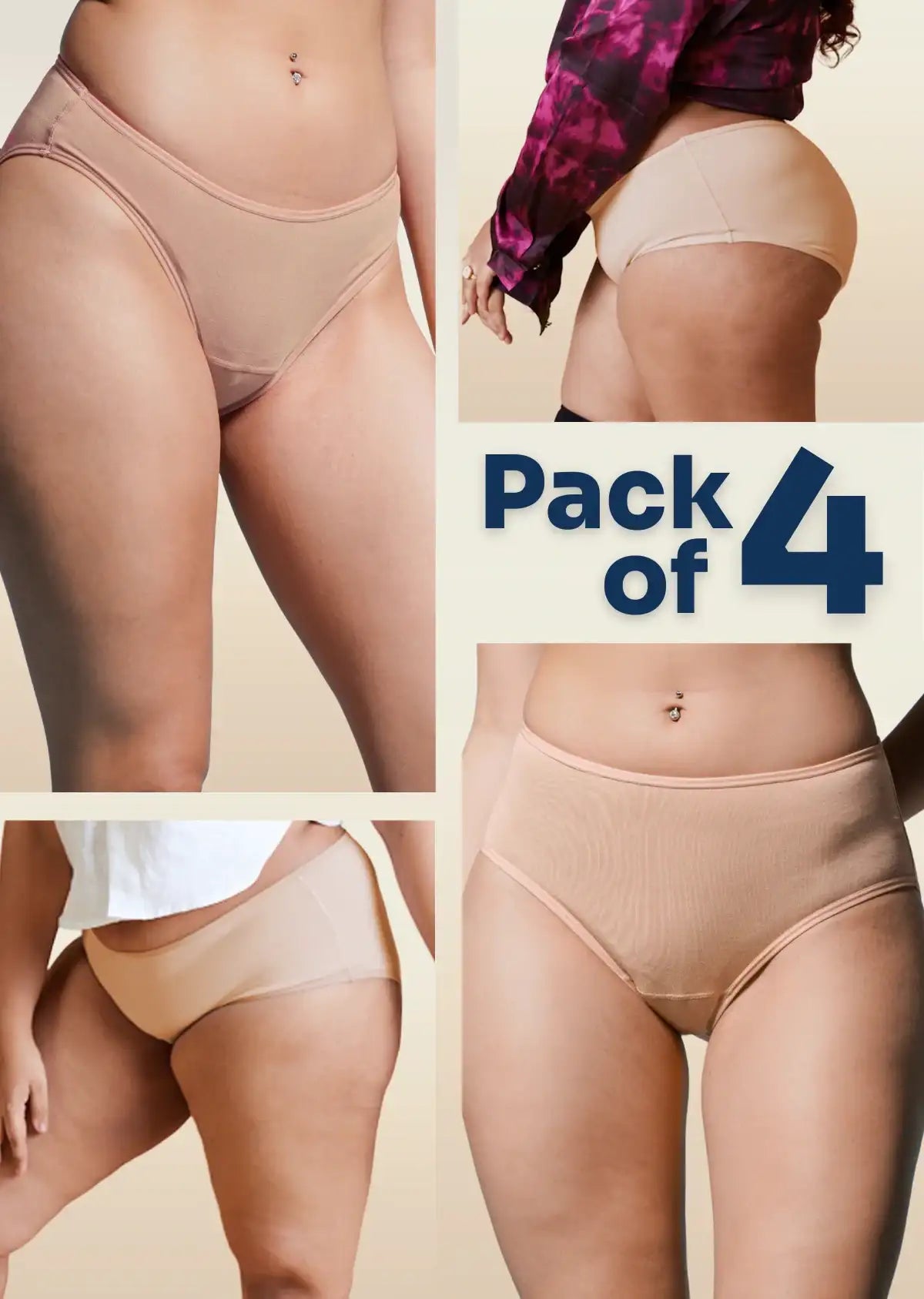 A four-panel collage of beige underwear with a "Pack of 4" text overlay