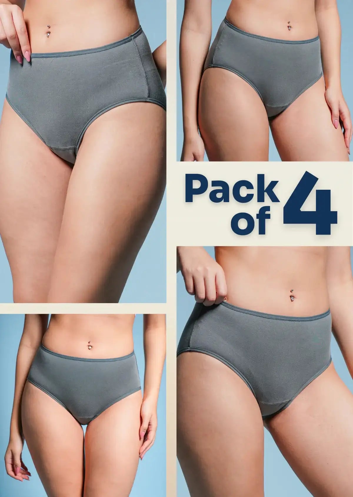 A four-panel collage of a grey underwear with a "Pack of 4" text overlay.