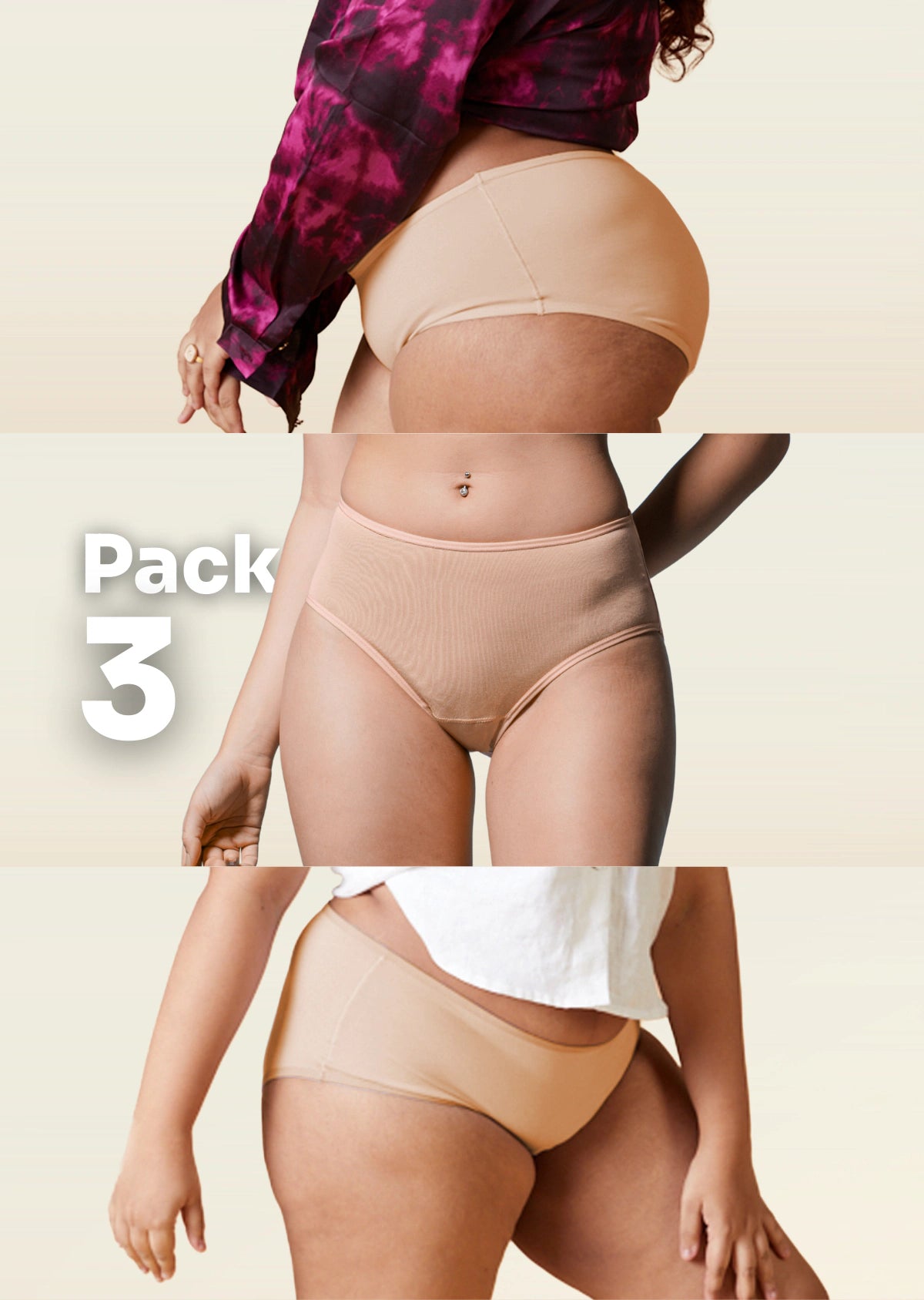 3 Pack - Beige Mid-waist Absorbent Underwear