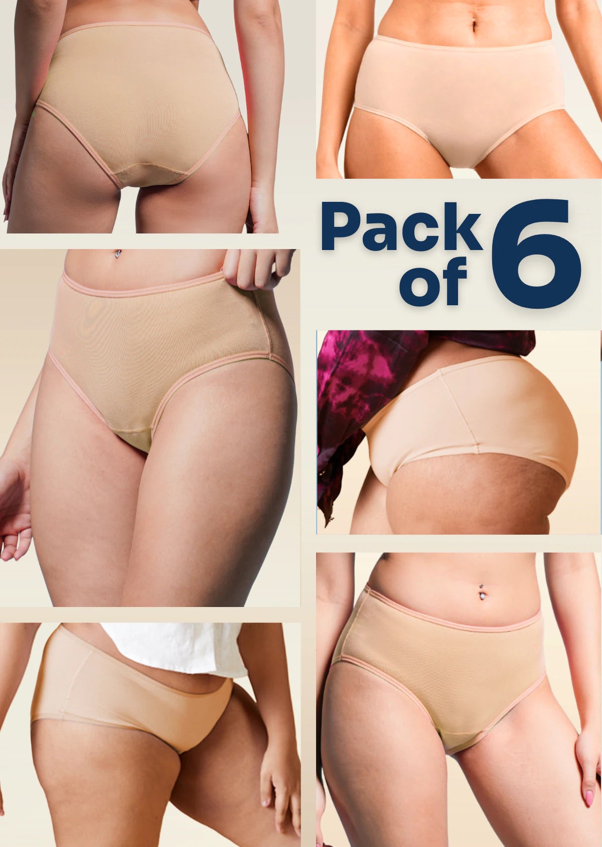 6 Pack - Beige Mid-waist Absorbent Underwear