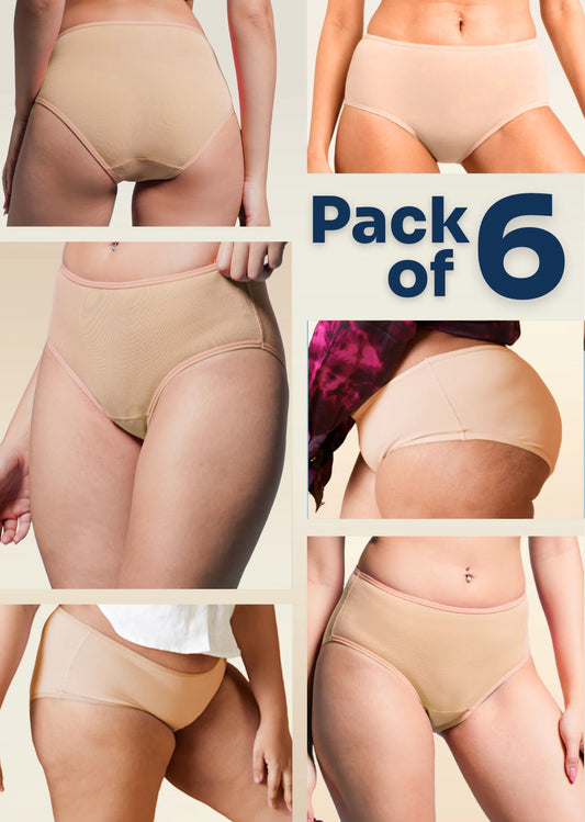 6 Pack - Beige Mid-waist Absorbent Underwear