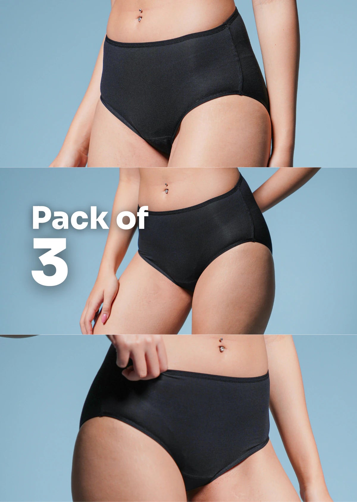 3 Pack - Black Mid-waist Absorbent Underwear