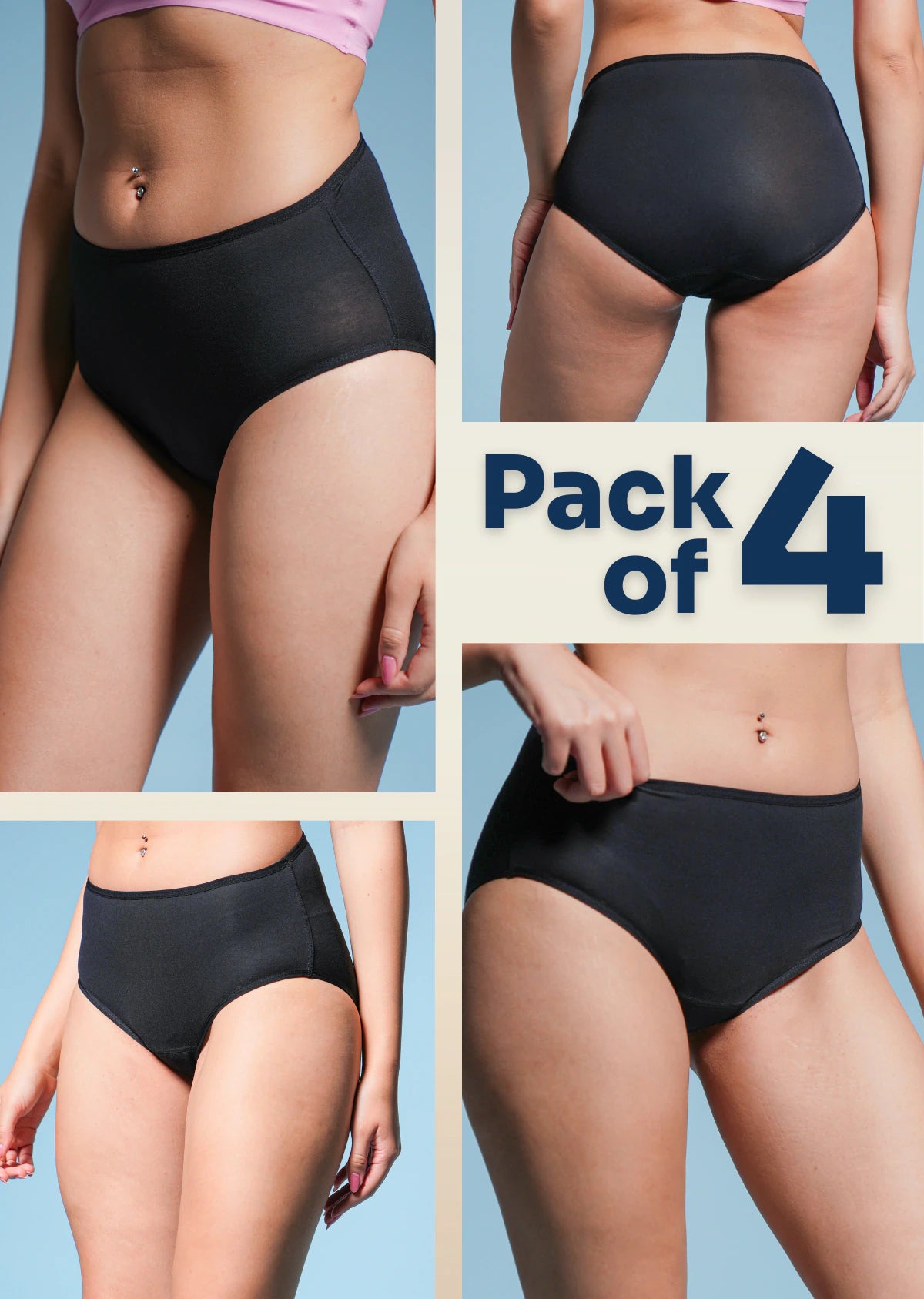 4 Pack - Black Mid-waist Absorbent Underwear