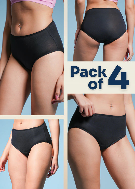 4 Pack - Black Mid-waist Absorbent Underwear