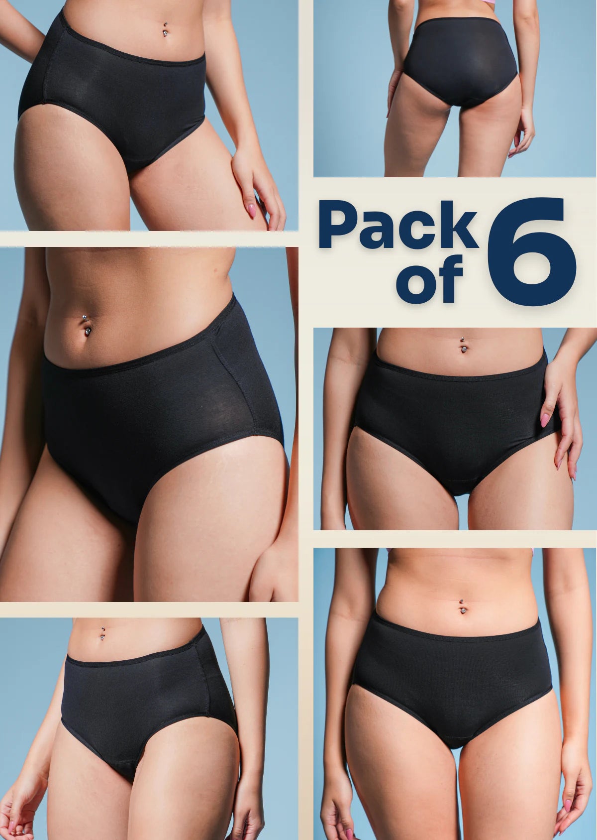 6 Pack - Black Mid-waist Absorbent Underwear